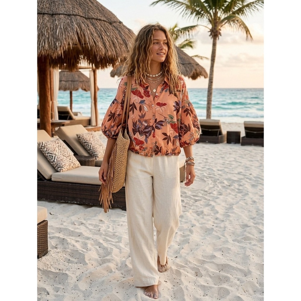 Peach L Colorful Floral Tropical Boho Crop Button Shirt Resort Ruffle Sleeve
